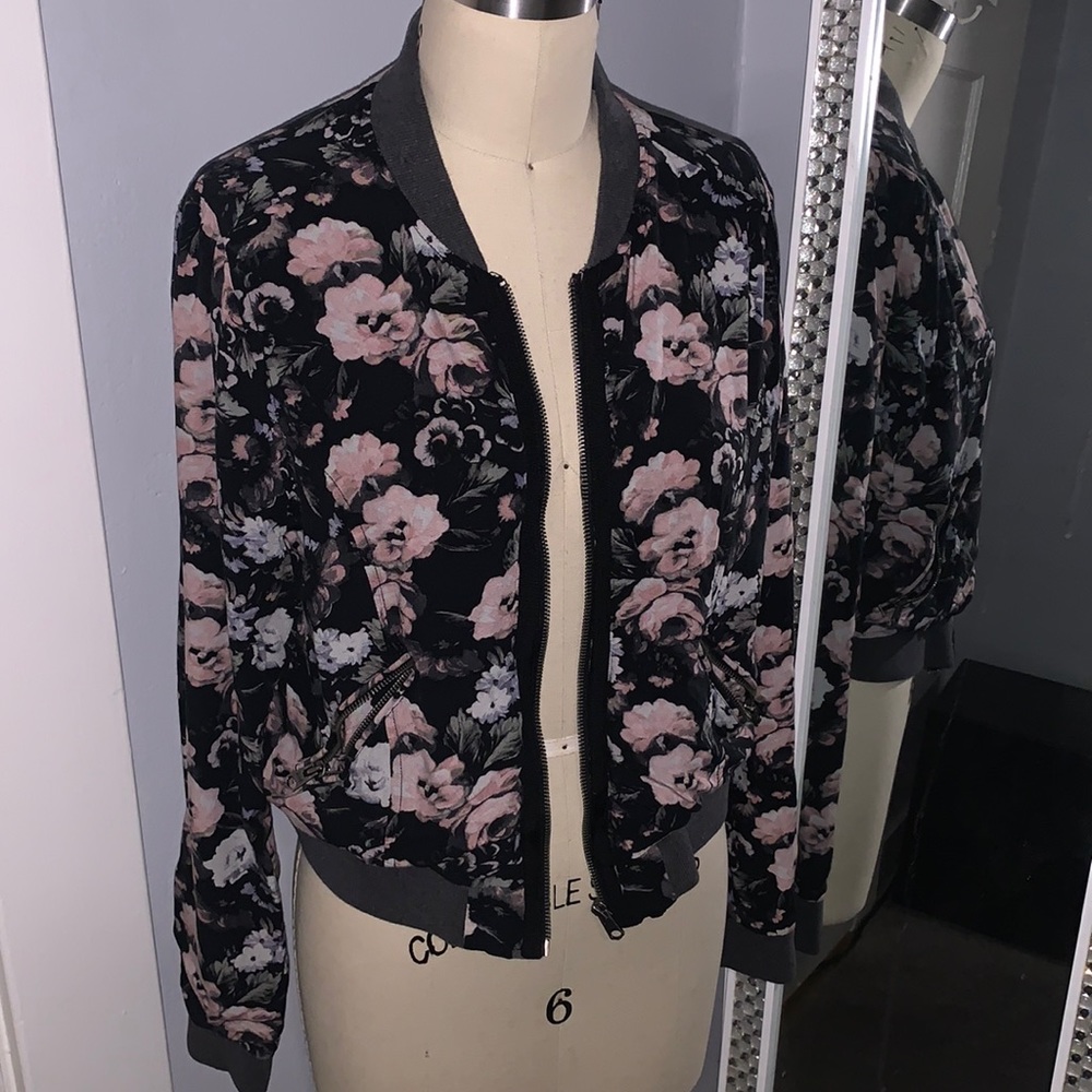 Abercrombie & Fitch Black Floral Bomber Jacket with Pink Flowers